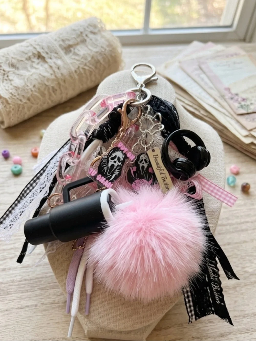 (Sold) Custom Pink Furry Pom Pom junk Keychain with Gothic Charm